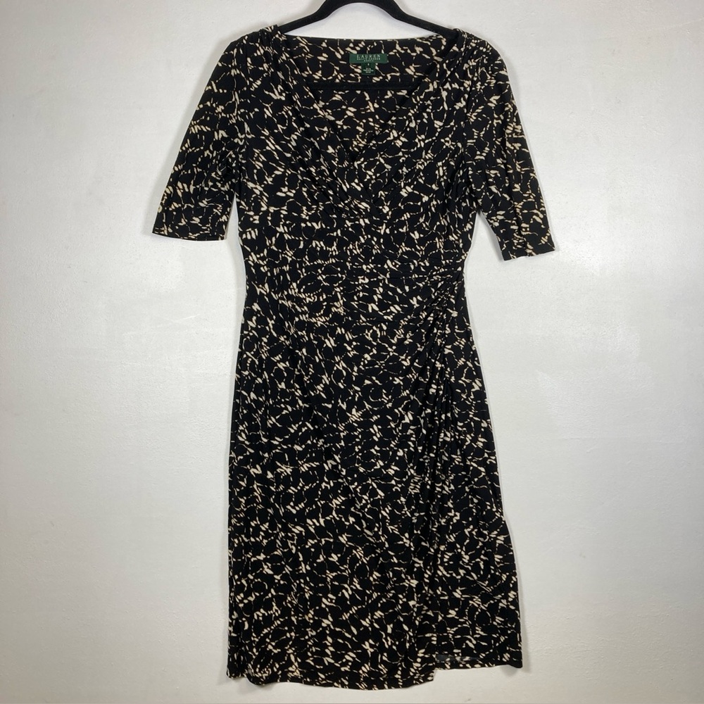 Lauren Ralph Lauren Womens Geometric Print Faux-Wrap Sheath Midi Dress 6 Black